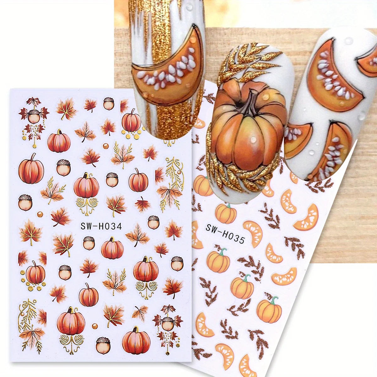 Glitter Autumn Nail Stickers – Pumpkin & Maple Leaves 2 Sheets Nail Art Stickers PLUSH