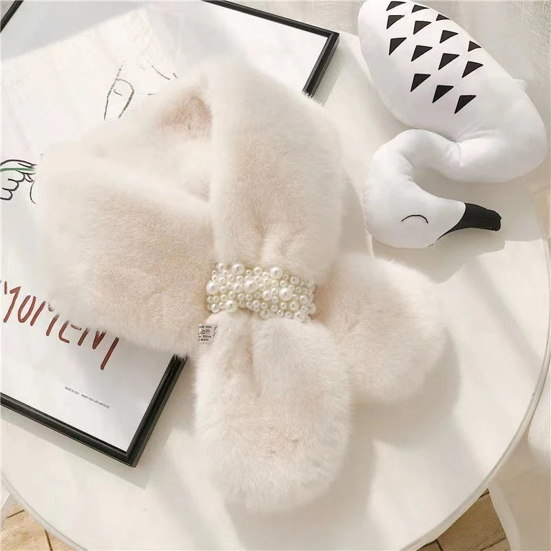 Women's Faux Rabbit Fur Scarf with Pearl Accents | Neck Warmer Faux Fur Scarf PLUSH