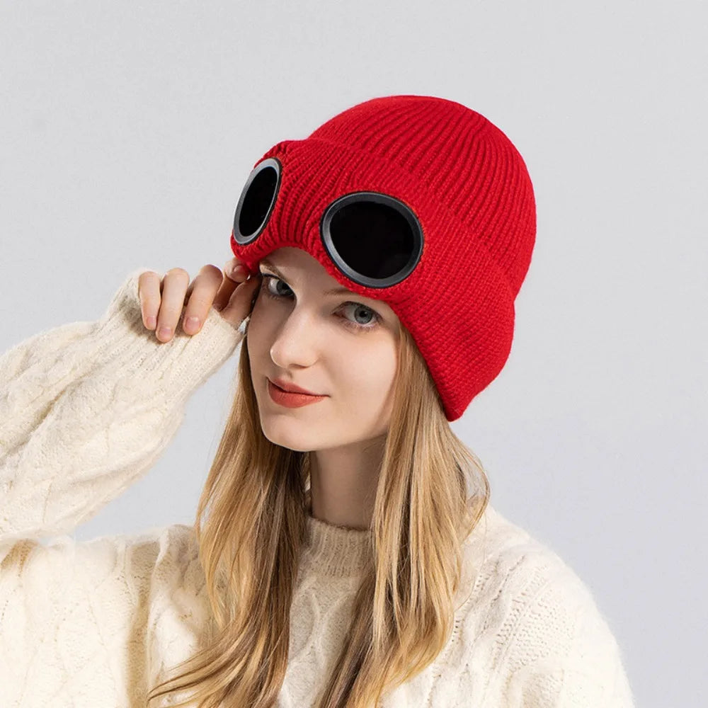 Windproof Knitted Ski Mask Hat with Removable Glasses Ski Mask Hat PLUSH Red