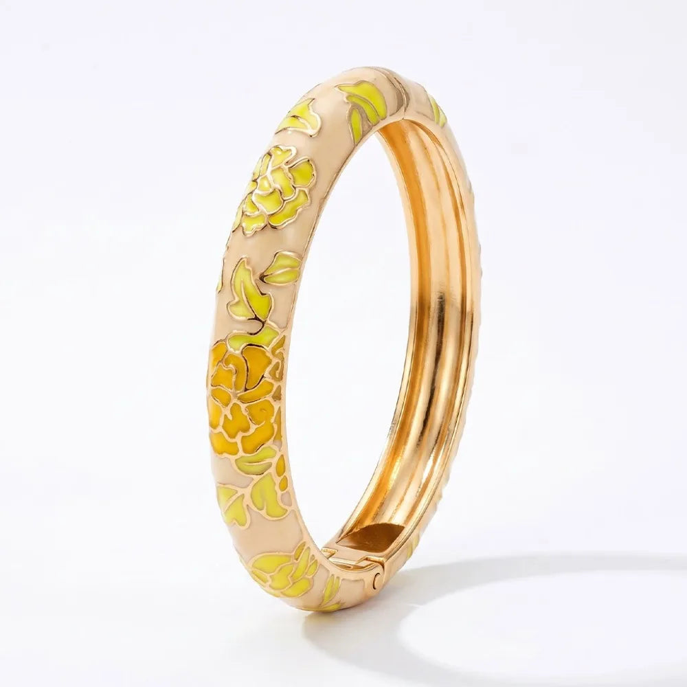 Flower Enamel Wide Bangle Bracelet – Colorful Women's Cuff Enamel Bangle Bracelet PLUSH Yellow
