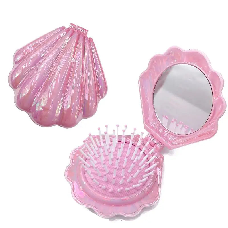 Shell Folding Airbag Hair Brush with Mirror – Anti-Static Comb Folding Hair Brush PLUSH Pink