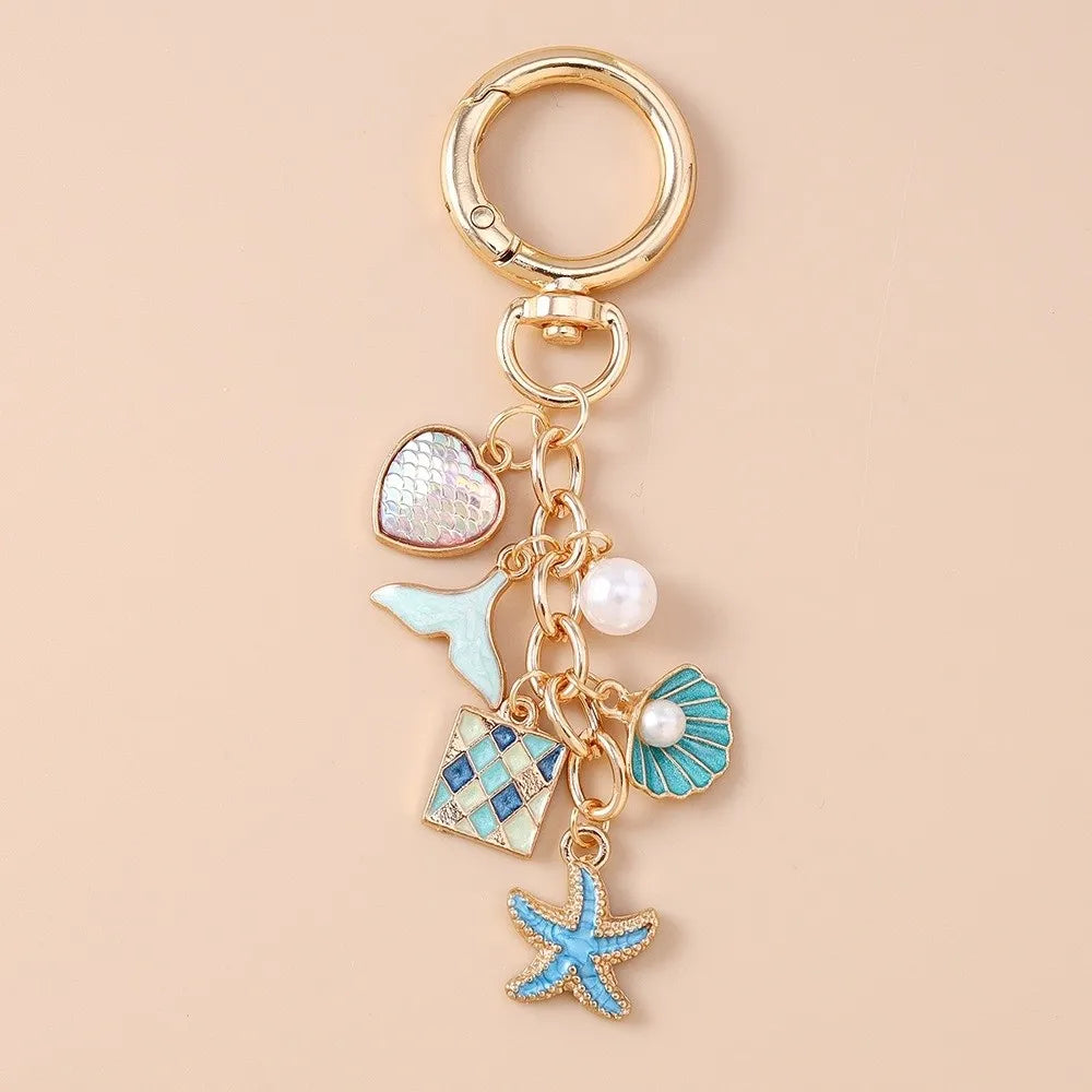 Pearl Shell Starfish Keychain – Enamel Love Heart Key Ring Fashion Keychain PLUSH Blue