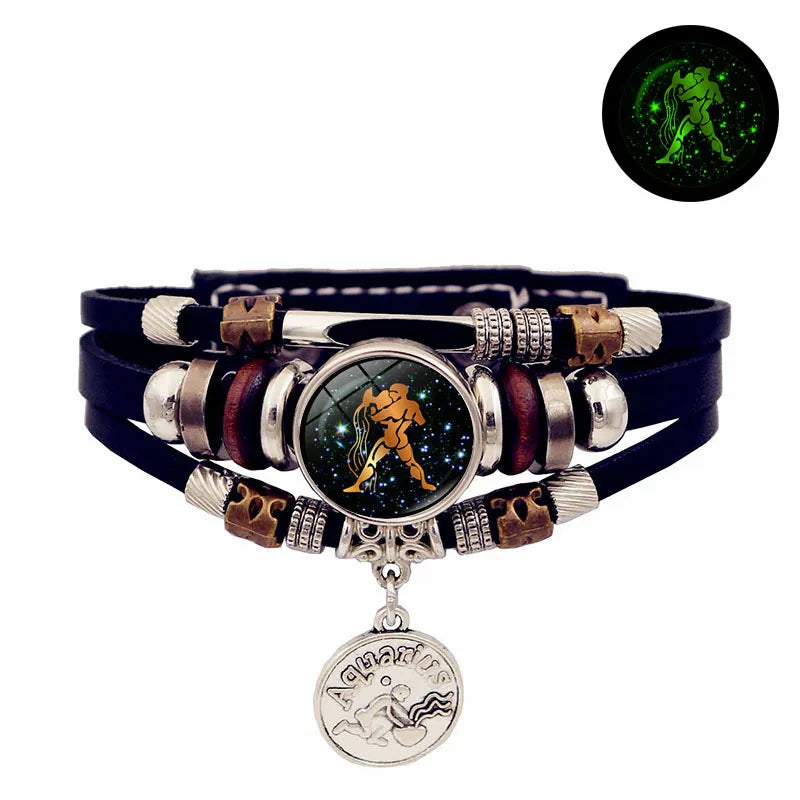 Luminous Zodiac Leather Bracelet – Glow in Dark | All 12 Signs Charm Bracelet PLUSH Aquarius
