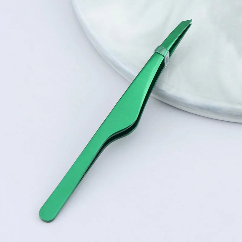 Stainless Steel Slant Tip Tweezers – Eyebrow & Lash Tool Makeup Tweezers PLUSH Green