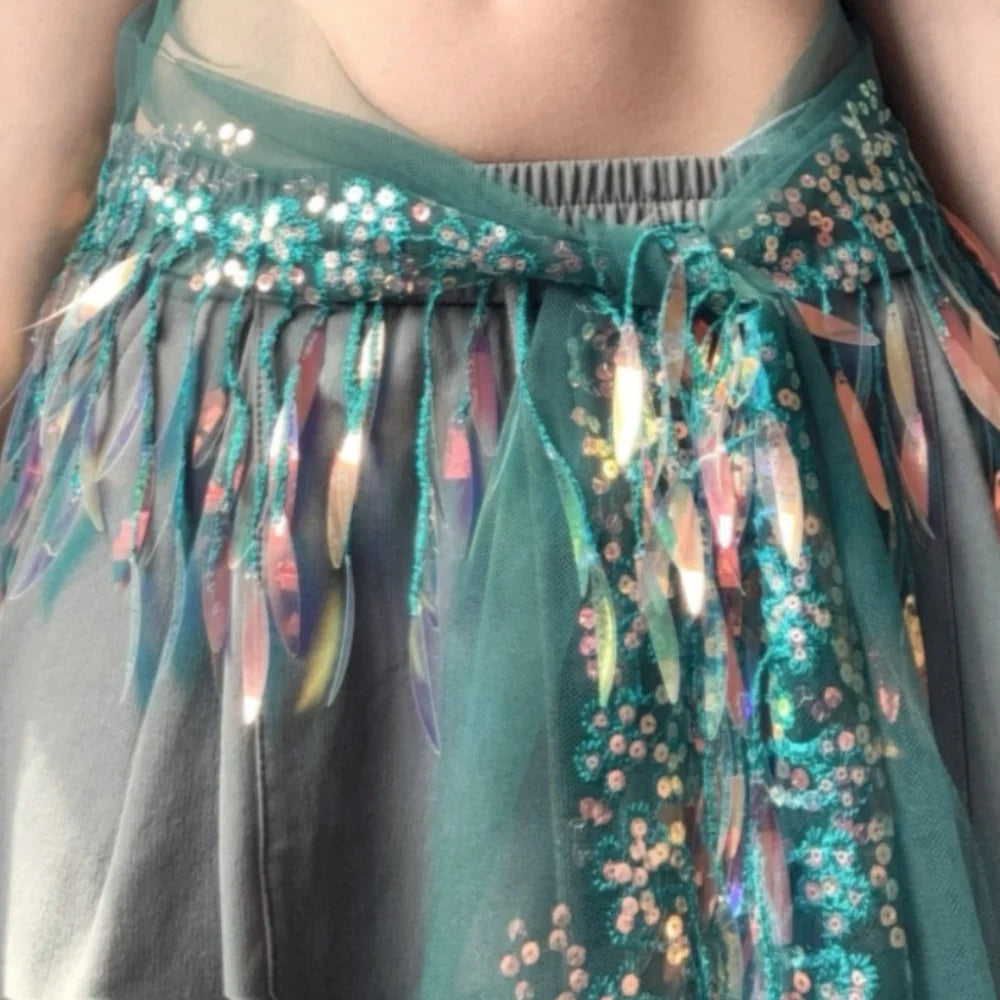 Y2K Sequin Hip Scarf Tassel Belt – Jazz Dance Streetwear Dance Hip Scarf Belt PLUSH Green