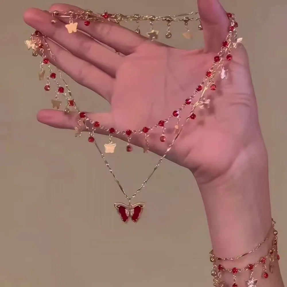 Zircon Butterfly Rhinestone Double Layer Choker Necklace Choker Necklace PLUSH Red