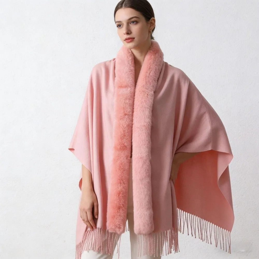 Women's Oversized Faux Fur Collar Shawl Wrap Cape Poncho Faux Fur Shawl Wrap PLUSH