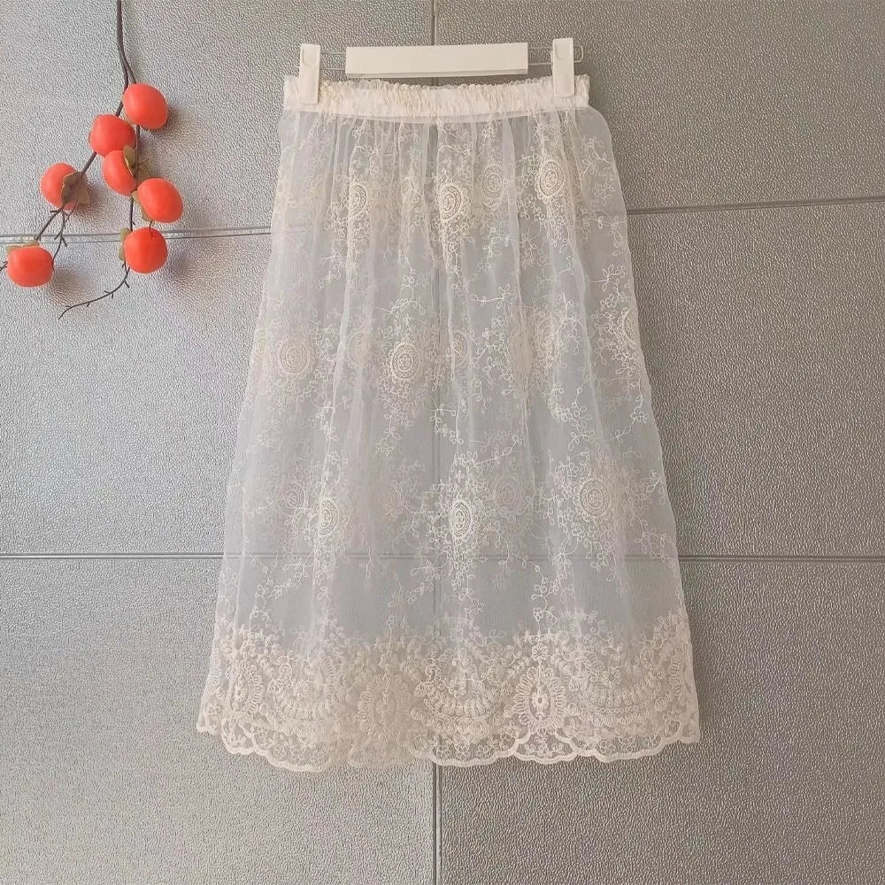 High Waist Lace Petticoat – Embroidery Flower Mesh Underskirt Lace Petticoat Underskirt PLUSH Apricot