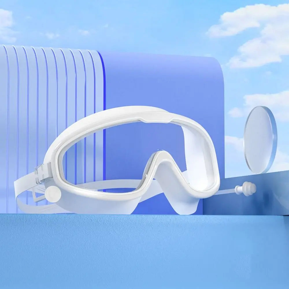 Wide View Anti-Fog Swimming Goggles with Earplugs – Adult Swim Goggles PLUSH white-adult