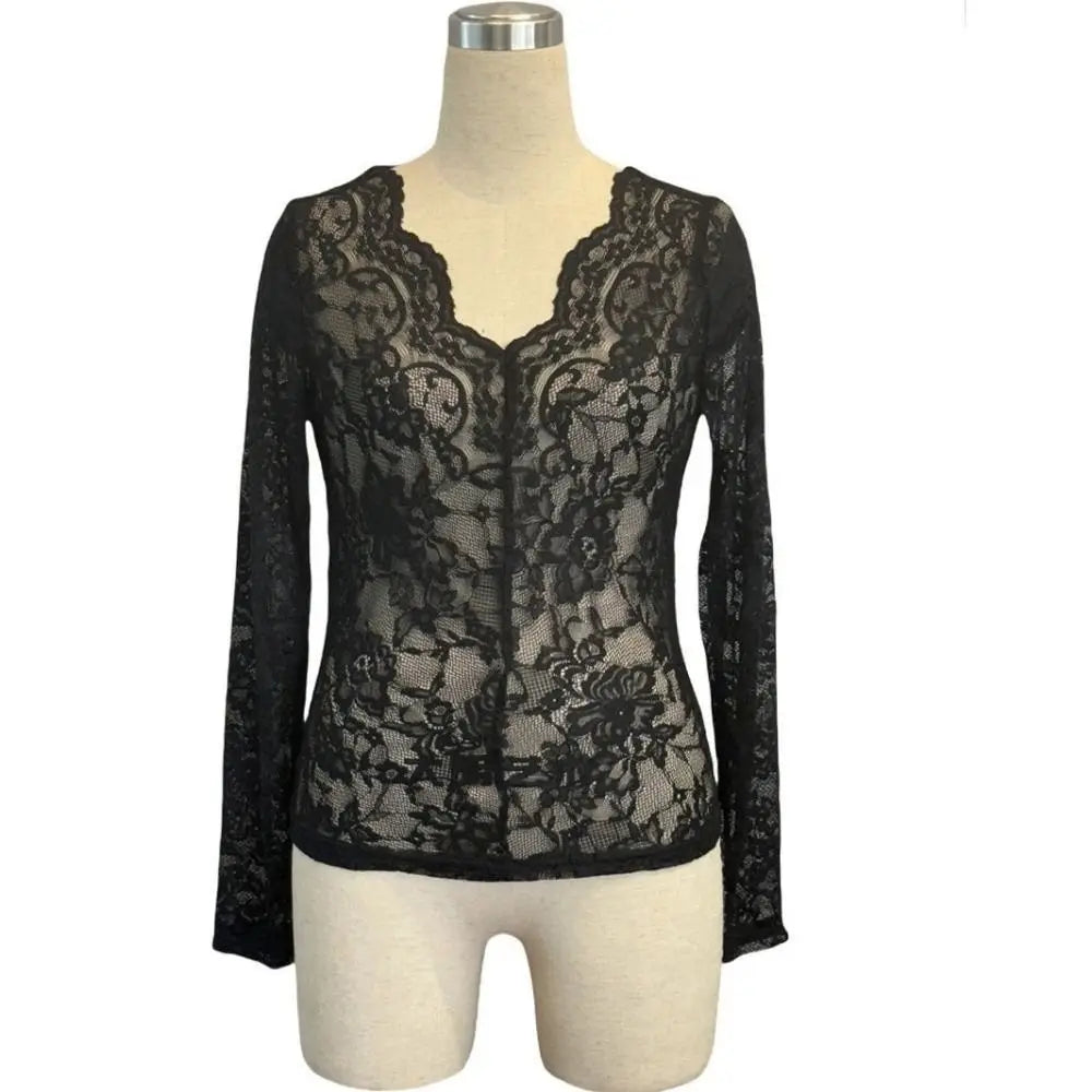 Women's V-Neck Sheer Lace Long Sleeve Slim Crop Top Blouse Lace Crop Blouse PLUSH