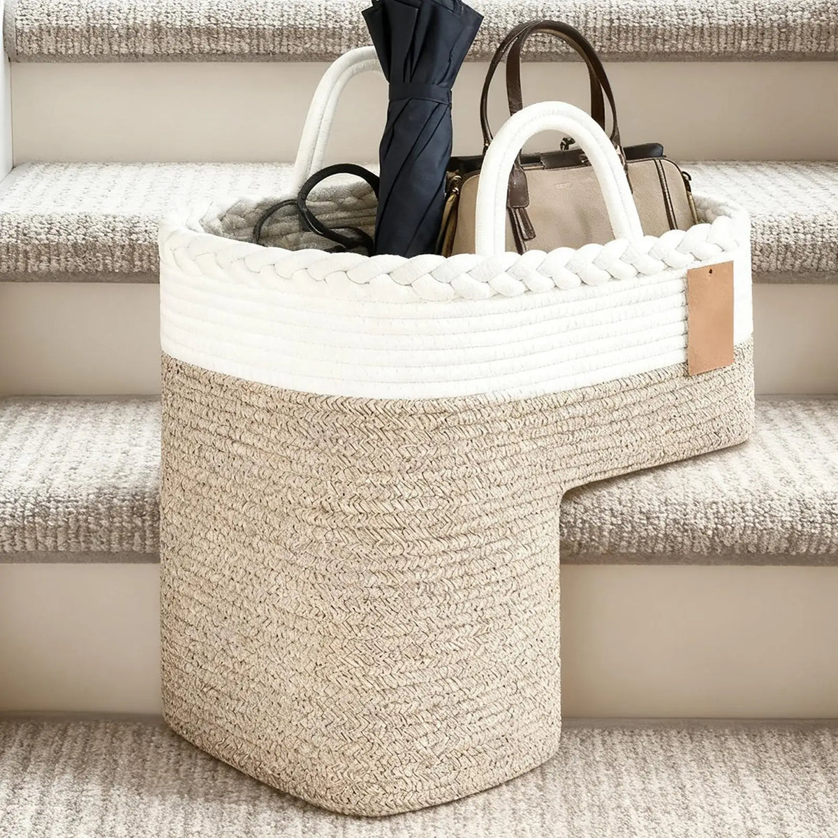 Stair Basket – L-Shaped Woven Cotton Staircase Organizer Stair Storage Basket PLUSH