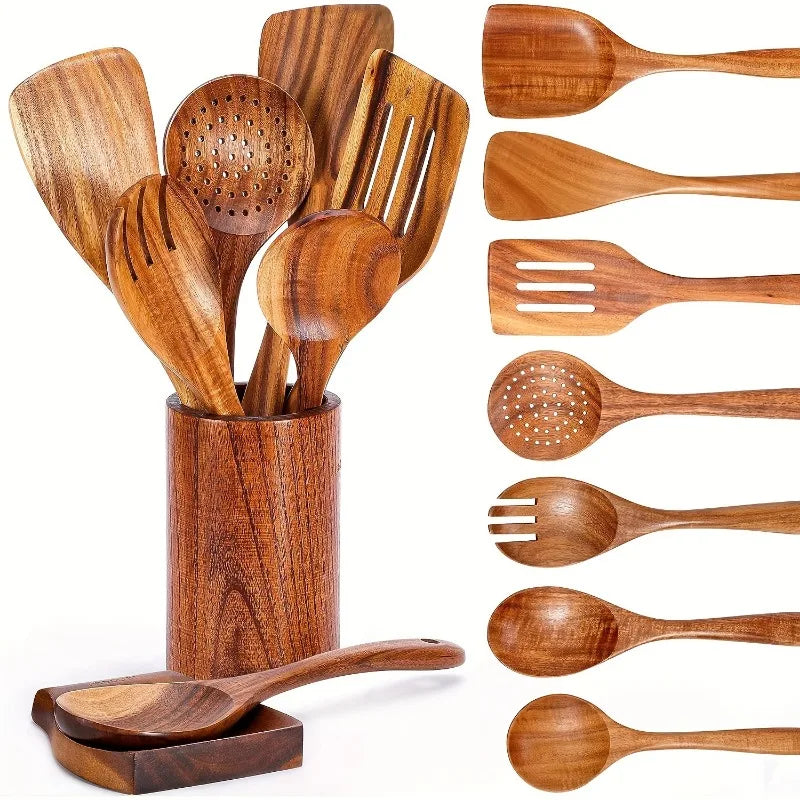 9-Piece Wooden Cooking Utensils Set – Non-Stick Safe Kitchen Wooden Utensil Set PLUSH