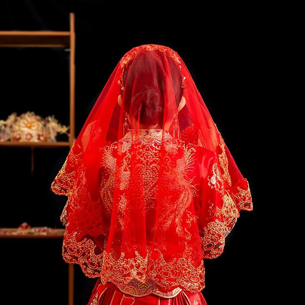 Red Gold Embroidery Bridal Veil – Lace Chinese Wedding Head Cover Bridal Veil PLUSH Style B