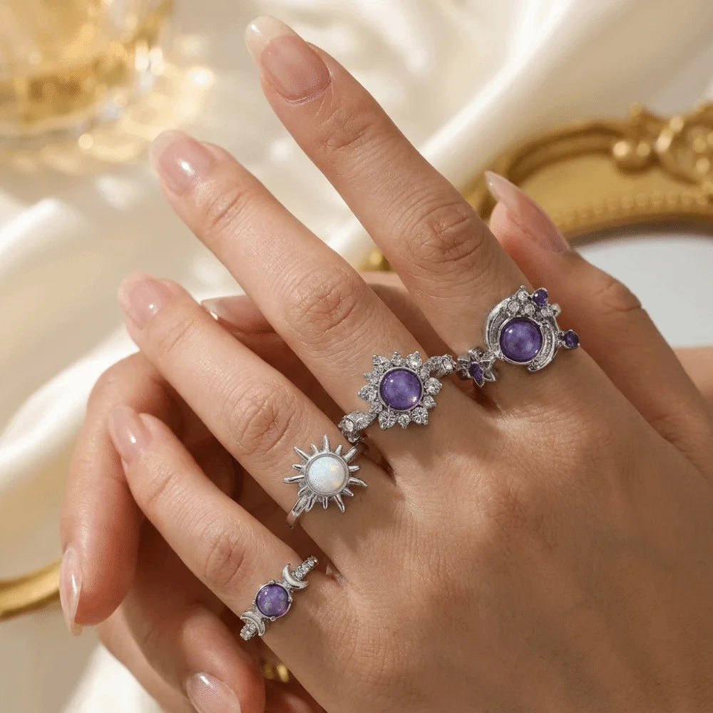 Vintage Gold Sun Moon Stackable Ring Set – 4pcs Purple Gem Stackable Ring Set PLUSH