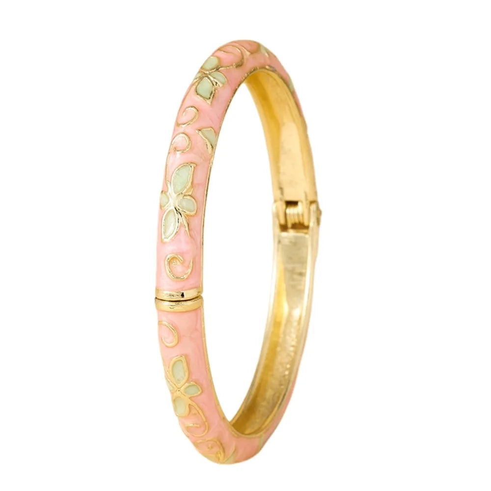 Colorful Cloisonné Enamel Floral Bangle – Vintage Chinese Style Enamel Bangle Bracelet PLUSH Pink
