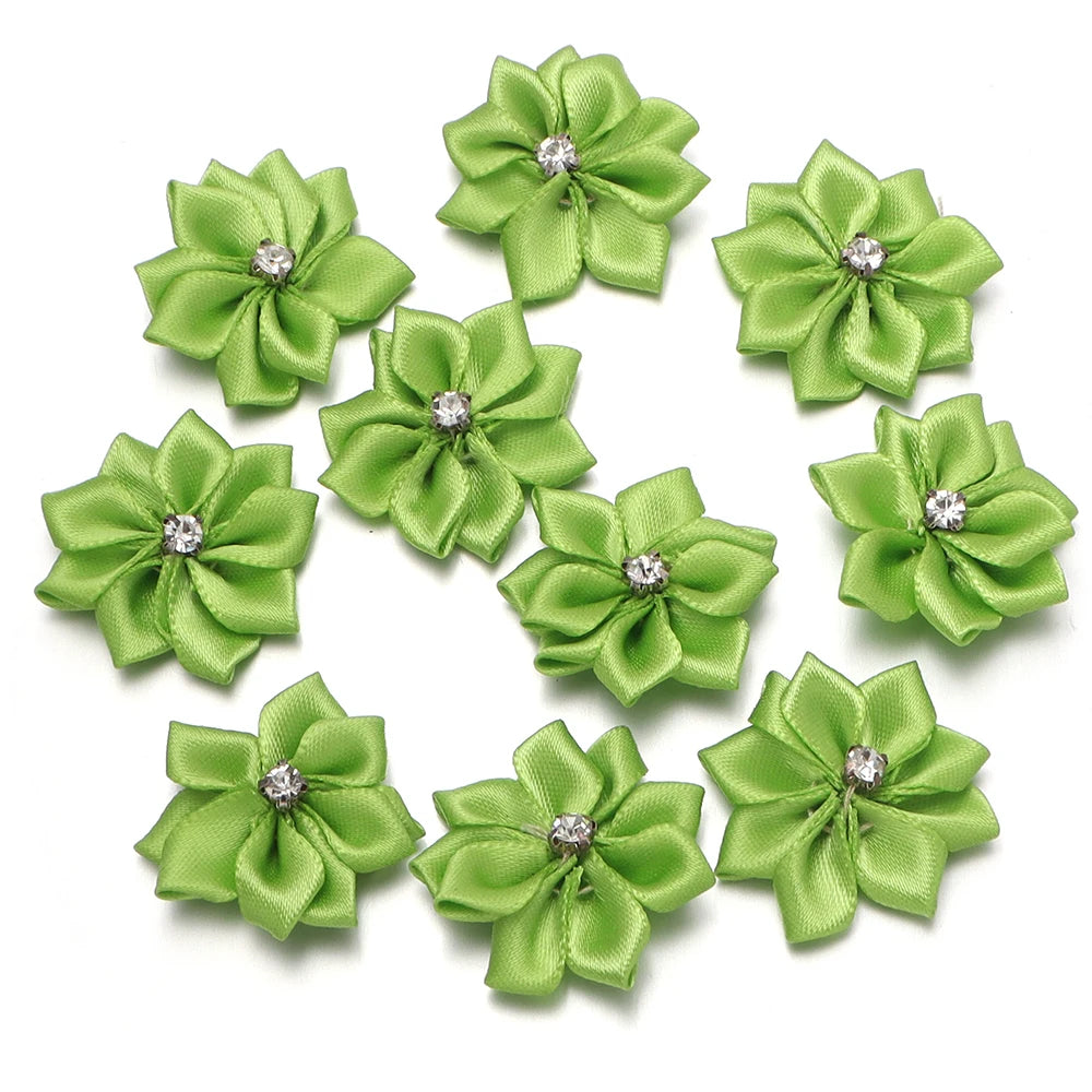 10pcs 3cm Satin Ribbon Flowers Rhinestone 9-Petal DIY Craft Fabric Flower Appliqué PLUSH Light Green