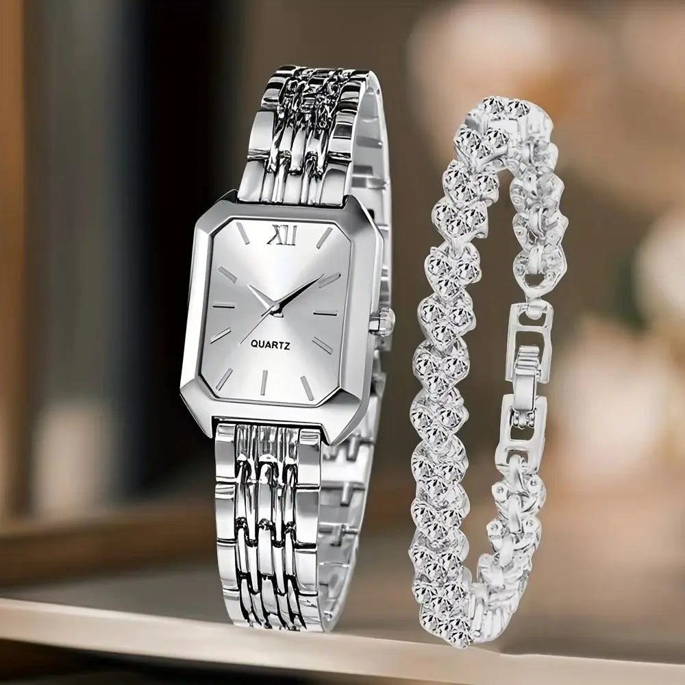 Women's Quartz Watch & Rhinestone Bracelet Set | Rectangle Dial Watch & Bracelet Set PLUSH