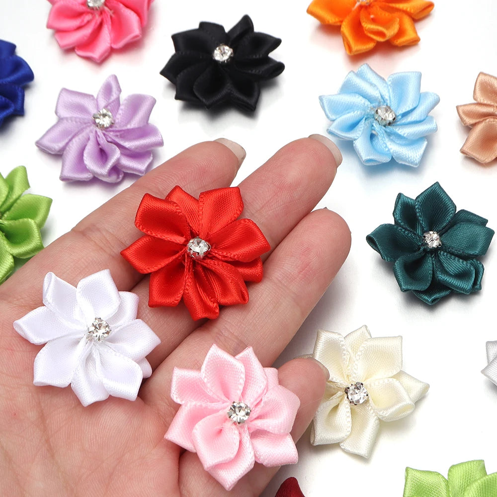 10pcs 3cm Satin Ribbon Flowers Rhinestone 9-Petal DIY Craft Fabric Flower Appliqué PLUSH