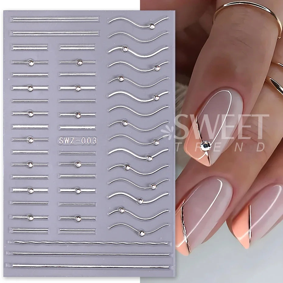 French Line Nail Stickers with Rhinestones Gold Silver 2/3pcs Nail Art Stickers PLUSH