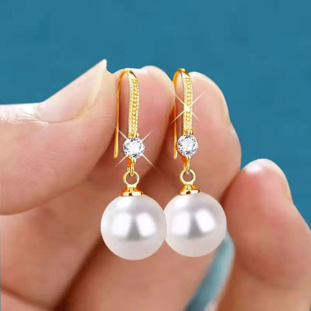 Water Drop Pearl Drop Earrings – Rhinestone Shell Dangle Pearl Drop Earrings PLUSH gold-round