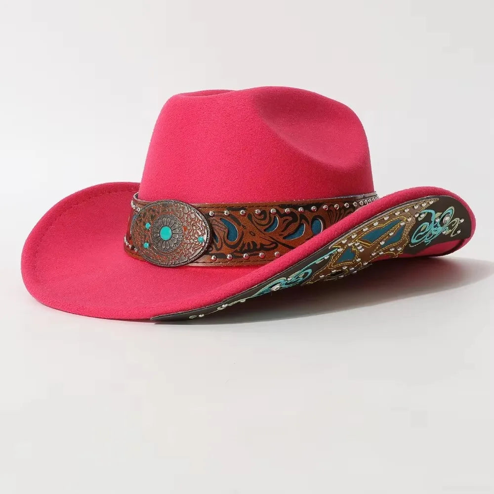 Western Cowboy Hat Turquoise Decor Wide Brim Cowgirl Fedora Western Cowgirl Hat PLUSH Rose Red