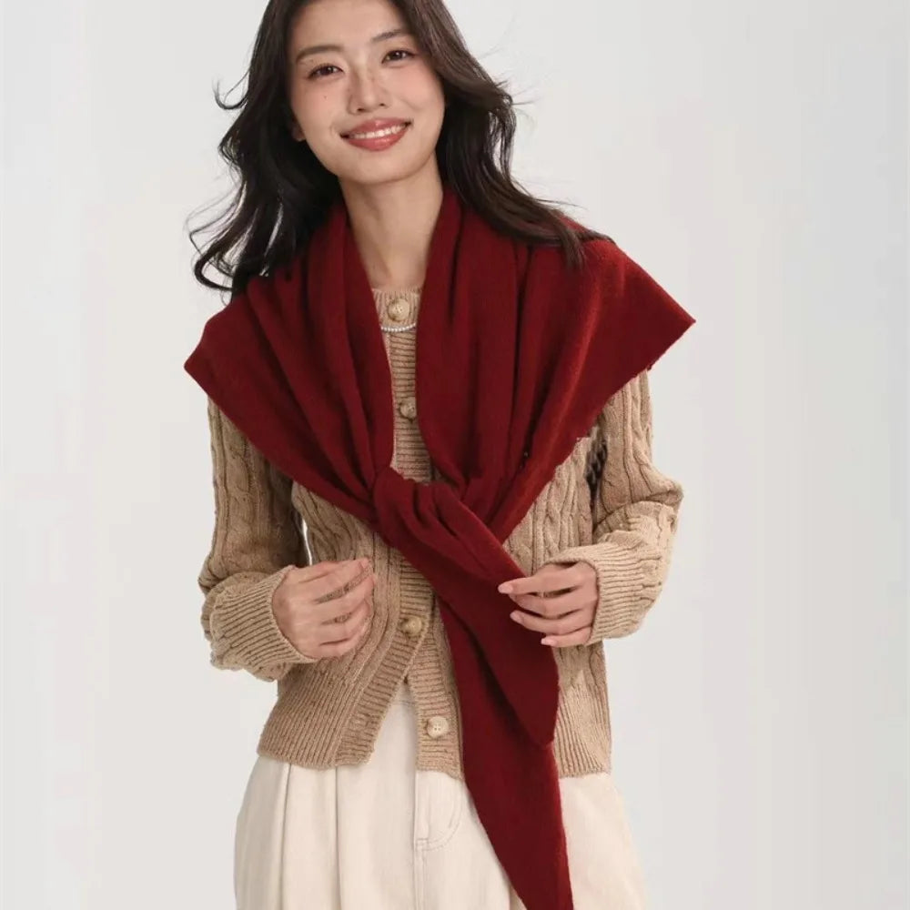 Women's Knitted Triangle Shawl Scarf – Windproof Warm Wrap Knitted Shawl Scarf PLUSH Dark Red
