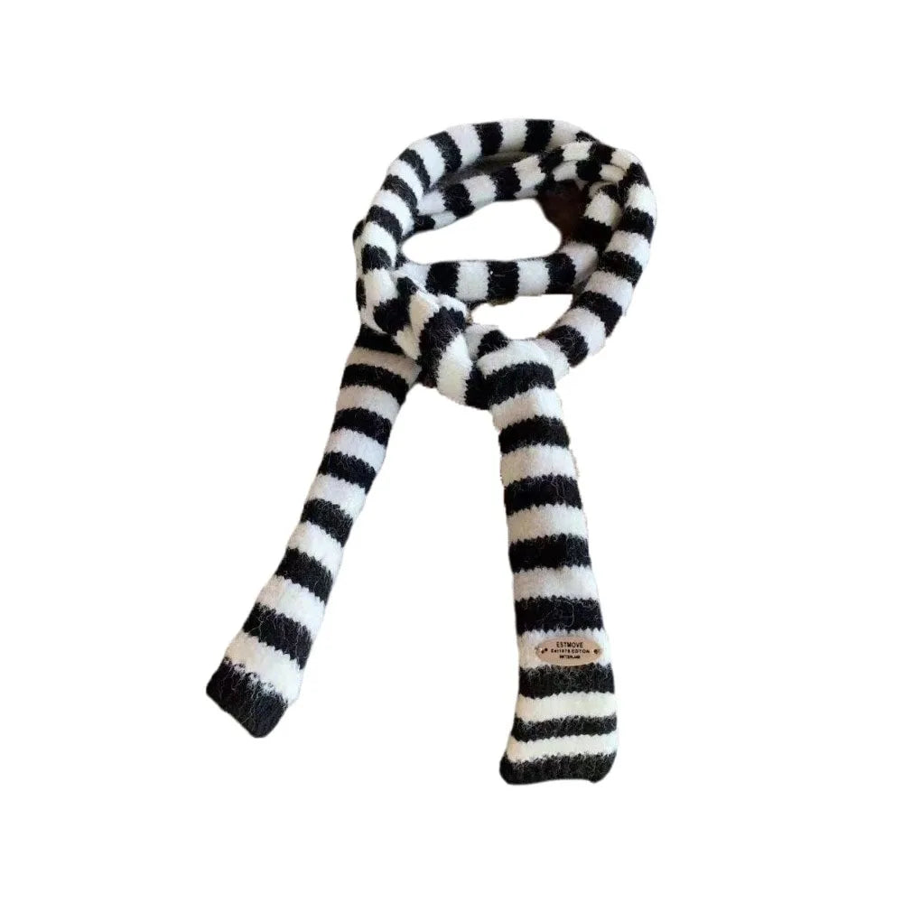 Y2K Harajuku Striped Knit Scarf – Korean Neckerchief Shawl Knit Neckerchief Scarf PLUSH Black