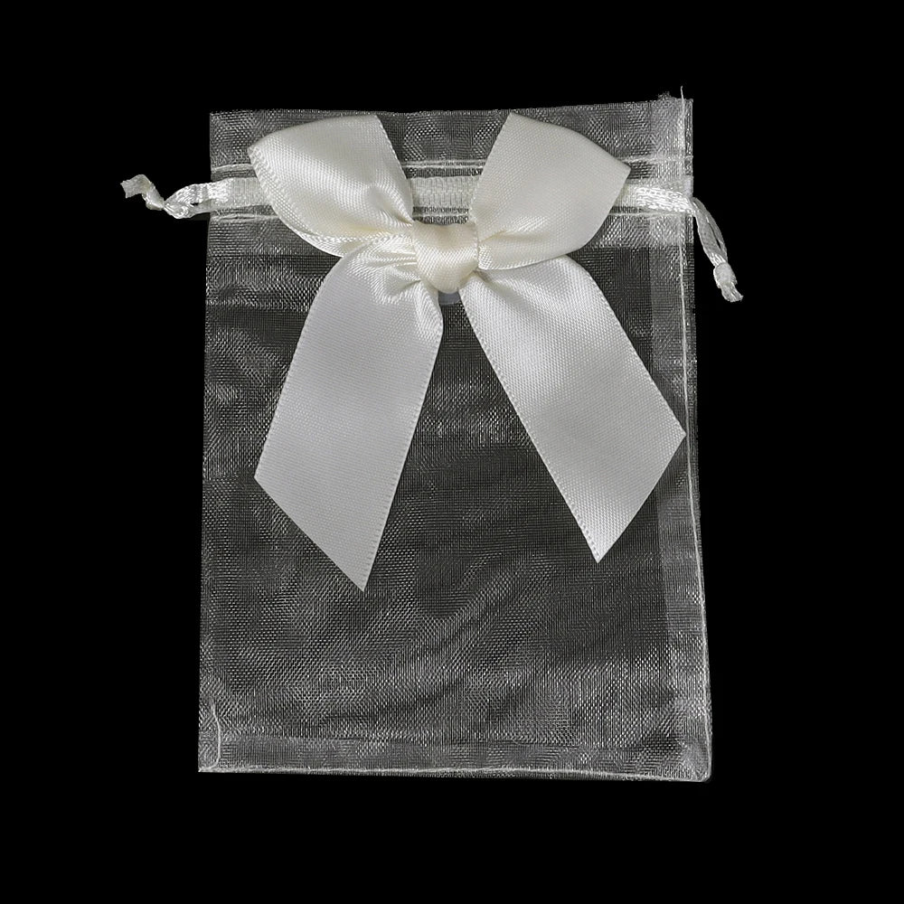 5pcs Bow Organza Drawstring Gift Bags – Wedding & Party Organza Gift Bags PLUSH beige 9x12cm