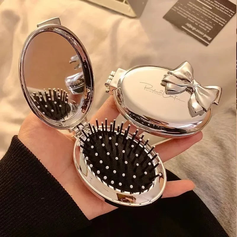 Silver Folding Pocket Comb with Mirror – Scalp Massage Tool Folding Pocket Comb PLUSH