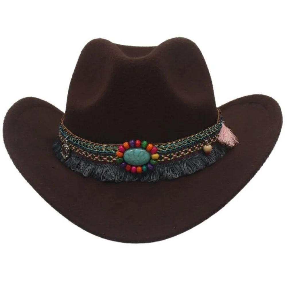 Wide Brim Western Cowboy Hat with Tassels – Unisex Cosplay Western Cowboy Hat PLUSH Coffee