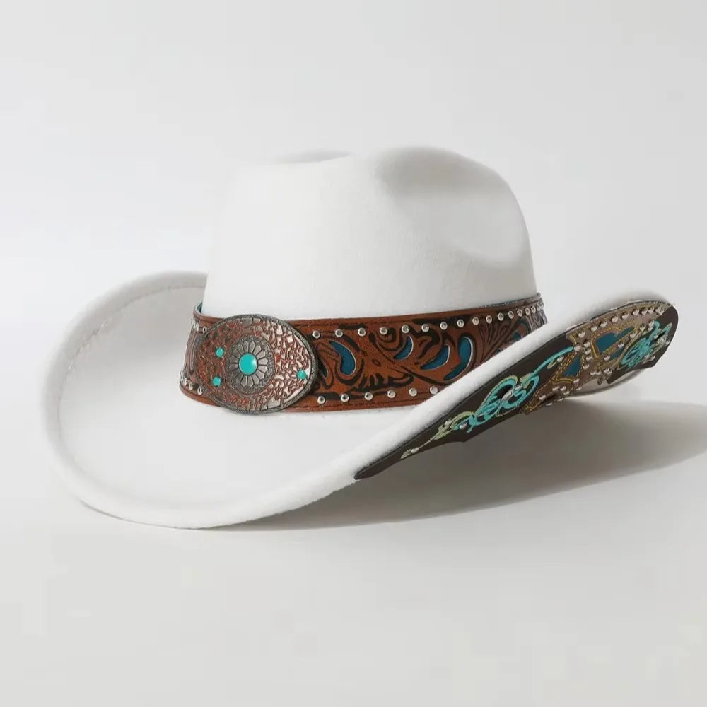 Western Cowboy Hat Turquoise Decor Wide Brim Cowgirl Fedora Western Cowgirl Hat PLUSH White