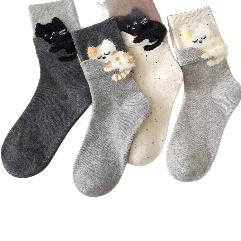Women's Cute Cat Mid-Calf Stacked Socks – Korean Style Set Mid-Calf Socks PLUSH