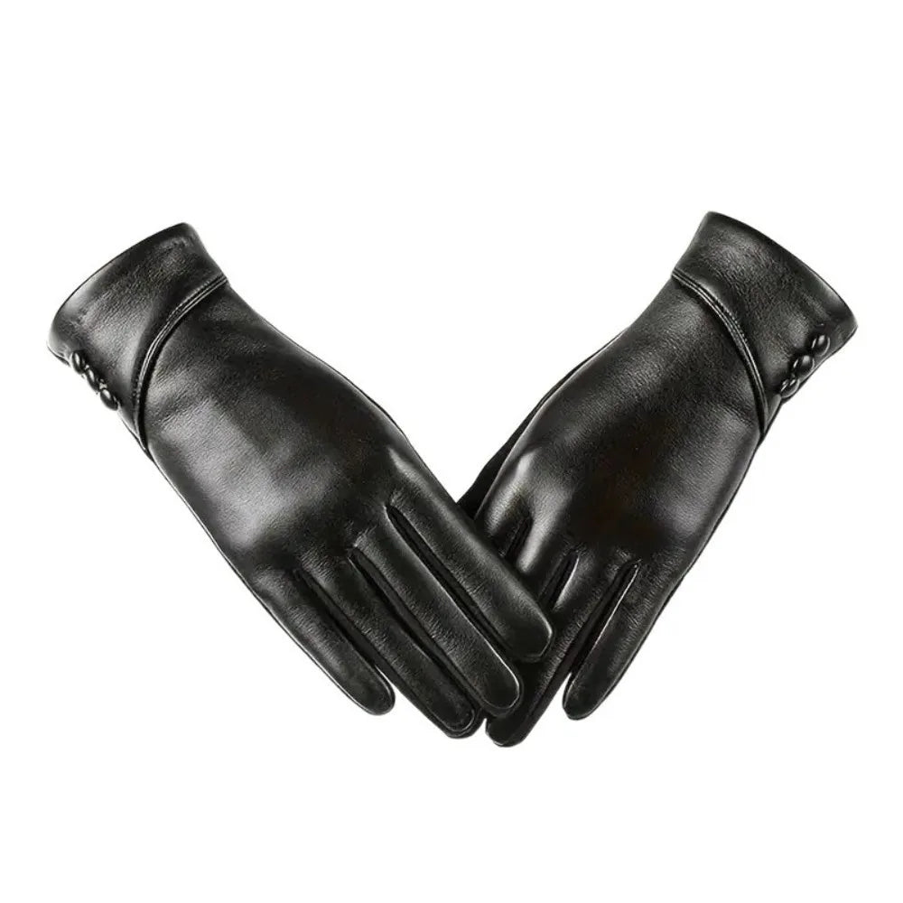 Women's PU Leather Touch Screen Gloves – Warm Cycling Mittens Leather Winter Gloves PLUSH Black