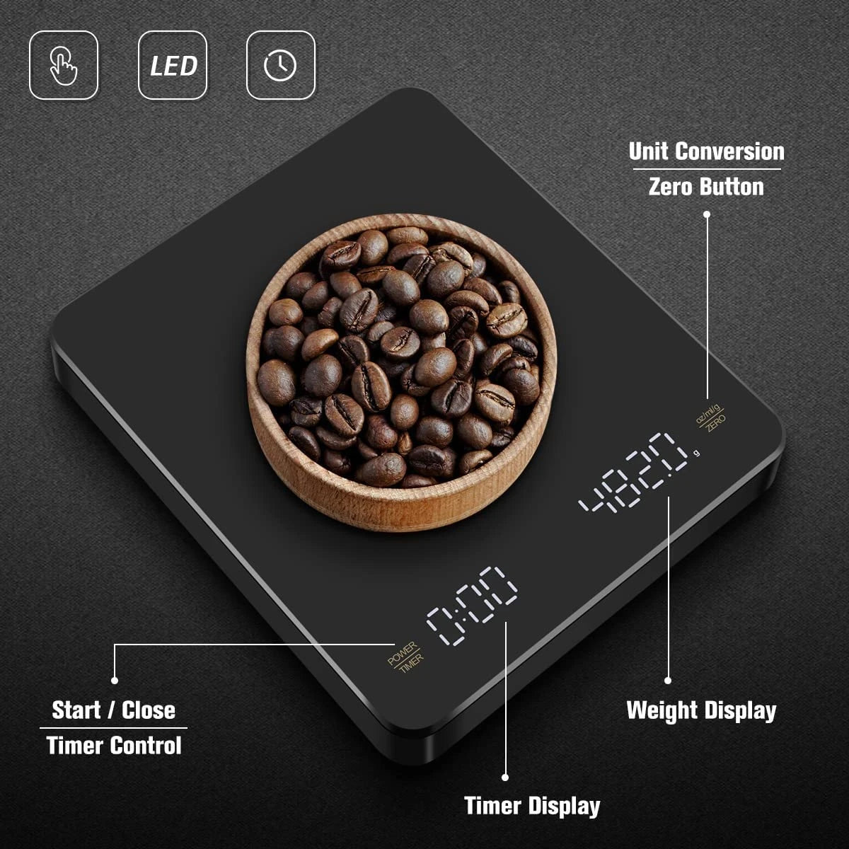 USB Rechargeable Digital Coffee Scale with Timer | 0.1g LED Digital Coffee Scale PLUSH