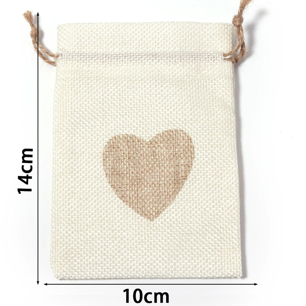 5pcs Heart Burlap Drawstring Gift Bags – Jute Wedding Pouches Burlap Gift Bags PLUSH Beige10x14cm 5pcs
