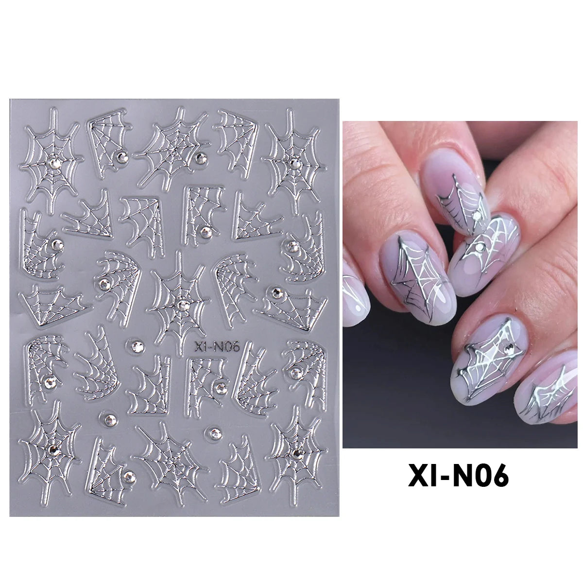 Spider Web Nail Stickers with Rhinestones – Gothic Halloween Decals Nail Art Stickers PLUSH XI-N06