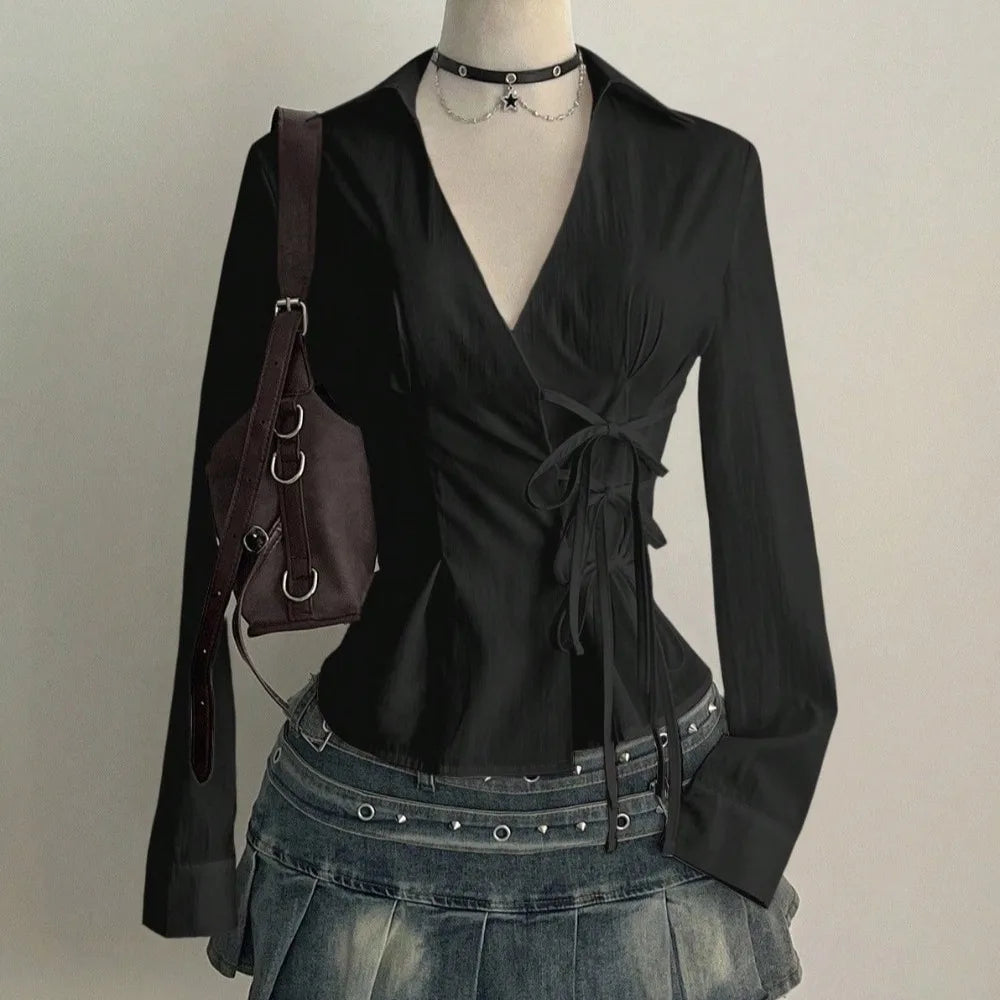 Women's Y2K V-Neck Tie-Waist Chiffon Blouse | Slim Fit Top Chiffon Blouse PLUSH Black M
