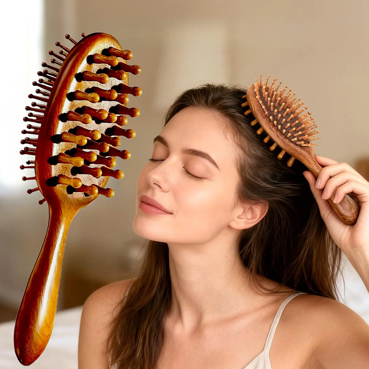 Wooden 2-in-1 Detangling Paddle Brush & Scalp Massager Hair Brush Massager PLUSH Double-sided