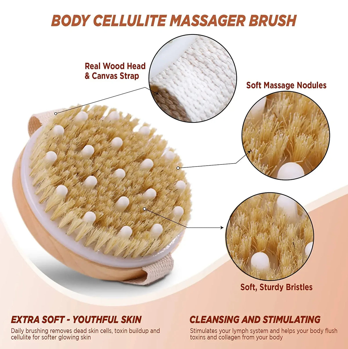 Natural Boar Bristle Body Brush – Wet & Dry Exfoliating Massage Body Exfoliating Brush PLUSH