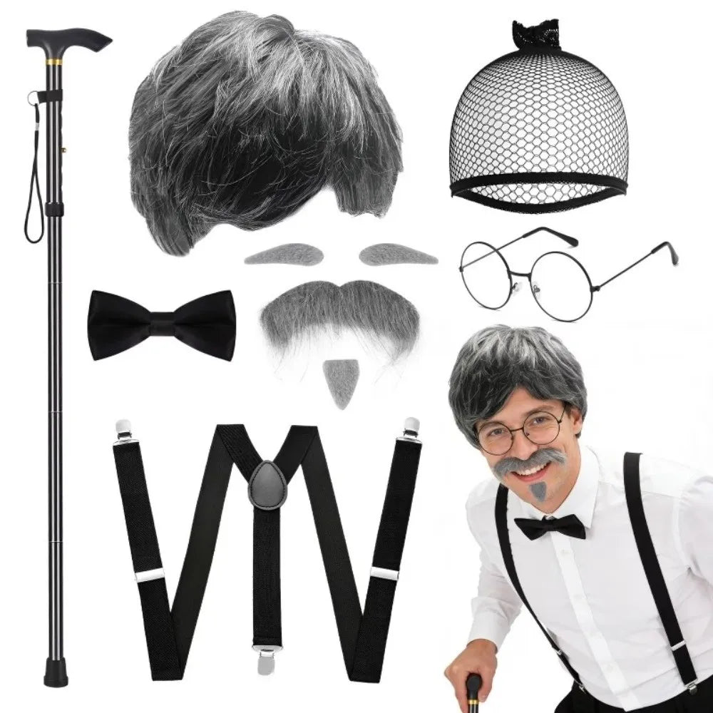 Grandpa Costume Set – Wig, Hat, Glasses & Suspenders Cosplay Costume Accessory Set PLUSH -Style A Option 1