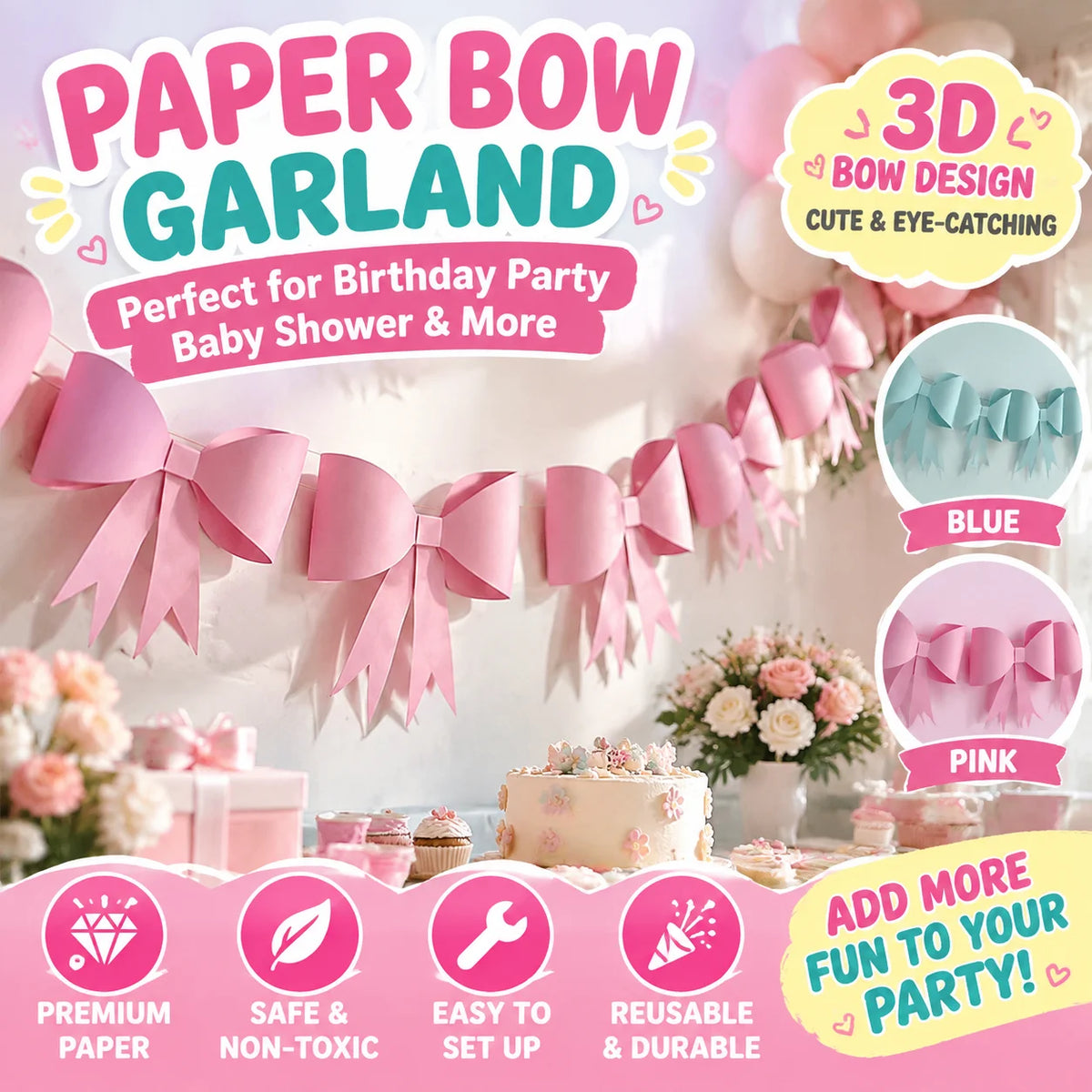 3D Bow Paper Tassel Garland – Kids Birthday Party Banner Kit Party Garland Banner PLUSH