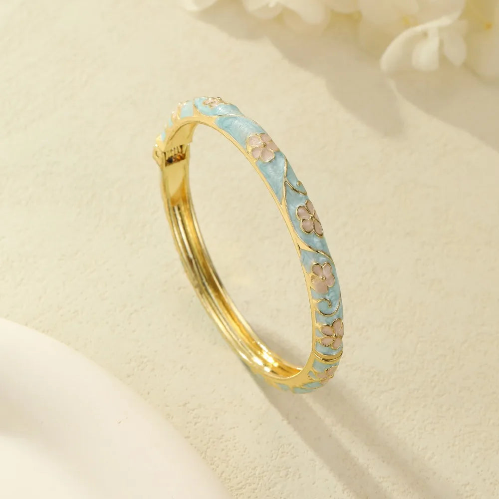 Cloisonné Enamel Floral Bangle – Vintage Ethnic Bracelet Enamel Bangle PLUSH Light Blue and Pink