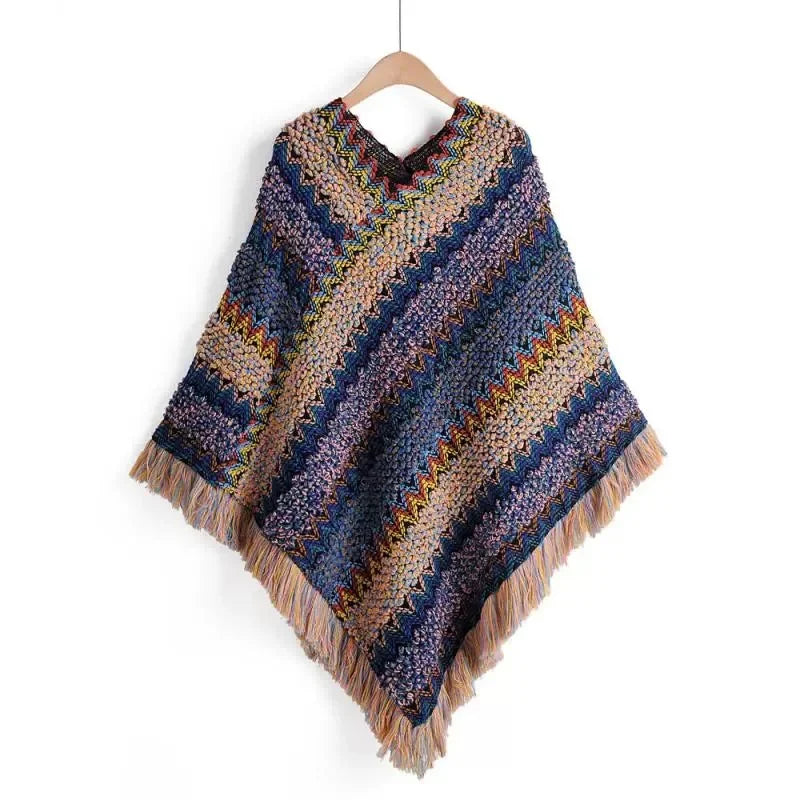 Women's Colorful Knit Poncho Cape Tassel Ethnic Shawl Cardigan Knit Poncho Cape PLUSH