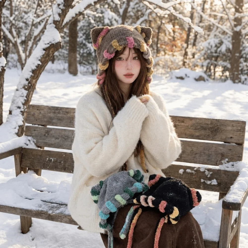 Women's Cat Ear Plush Beanie – Windproof Winter Knit Hat Winter Beanie Hat PLUSH