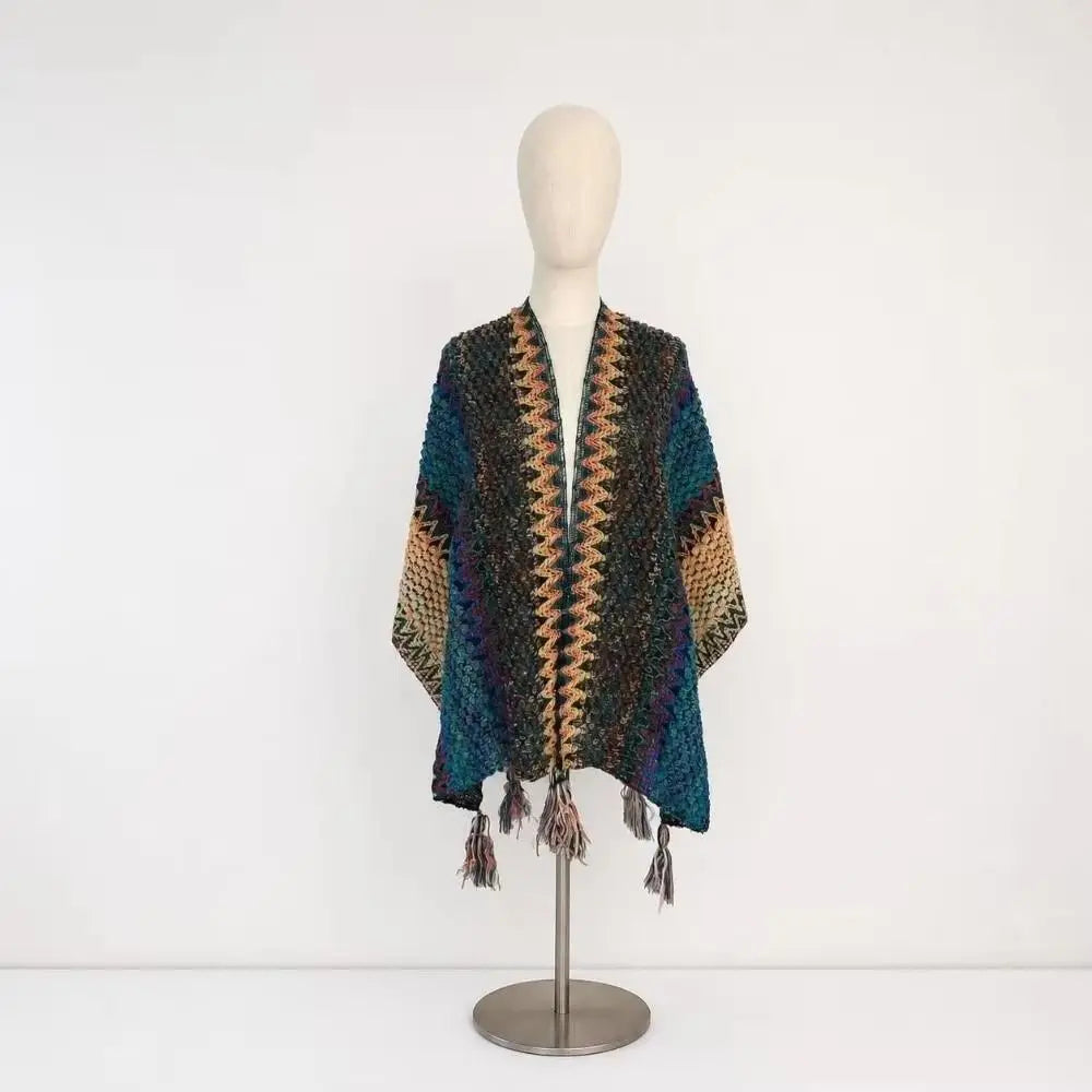 Women's Bohemian Knit Tassel Poncho Shawl – Ethnic Cape Wrap Knit Poncho Cape PLUSH