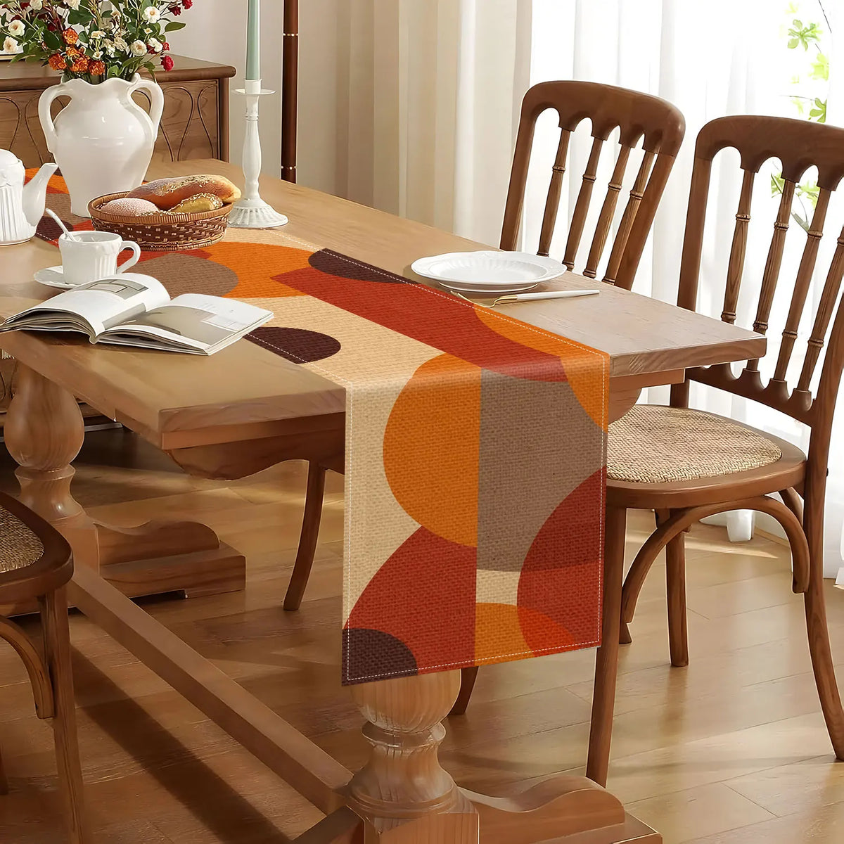 Vintage Geometric Color Block Table Runner – Brown & Orange Table Runner PLUSH
