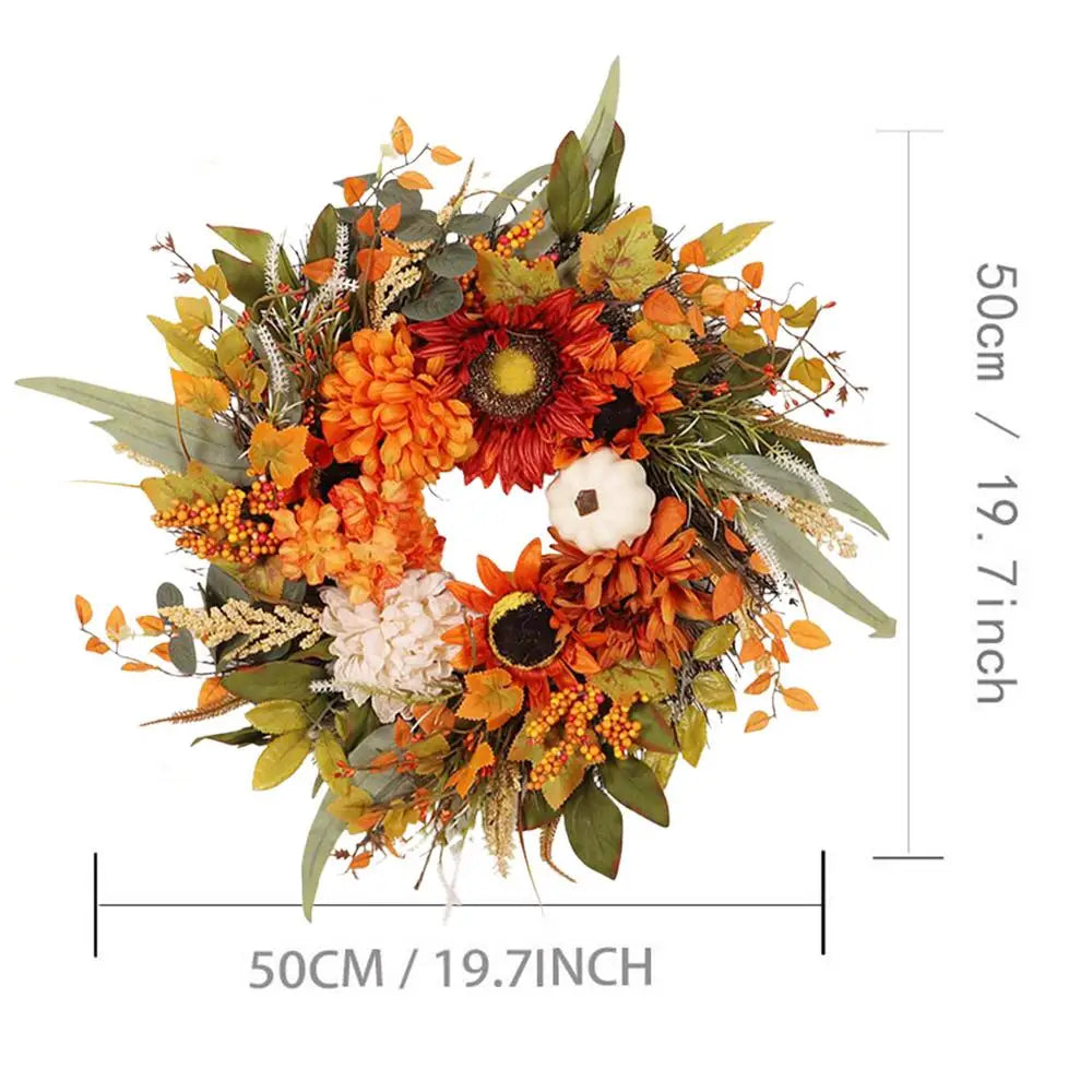 Autumn Harvest Wreath – Artificial Pumpkin Fall Door Décor Seasonal Door Wreath PLUSH RedA