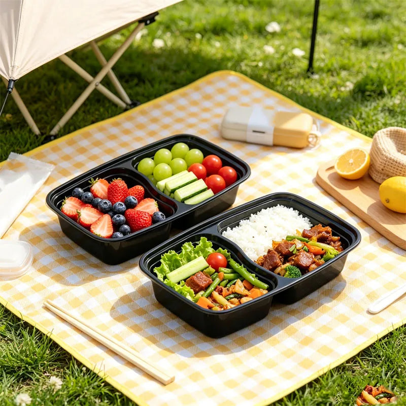 Black Two-Compartment Lunch Boxes – 5 or 10 Pack Food Lunch Box PLUSH