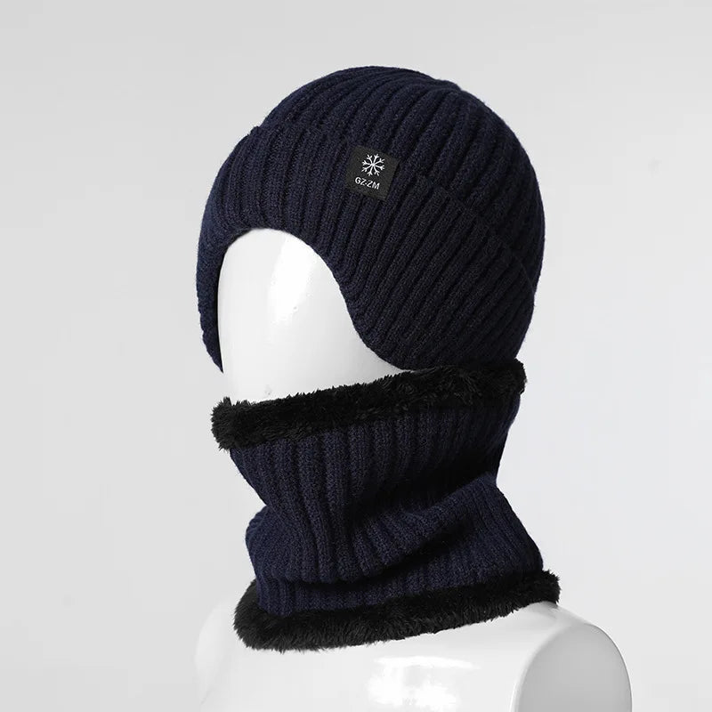 Men's Thick Knit Beanie with Earflaps – Warm Winter Hat Knit Winter Beanie PLUSH Blue 10Sets