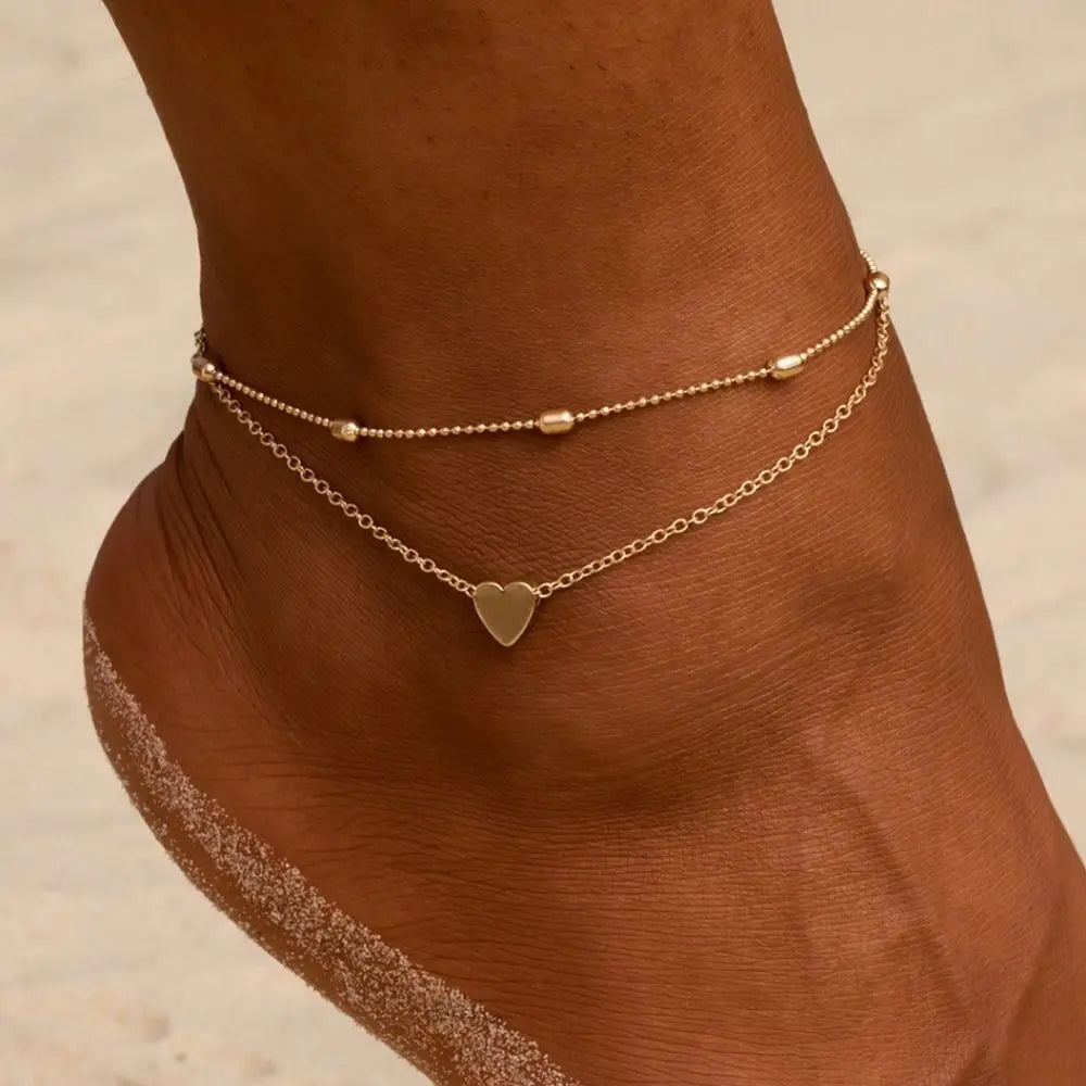 Vintage Heart Butterfly Layered Anklet – Adjustable Silver Bracelet Ankle Bracelet PLUSH gold-a